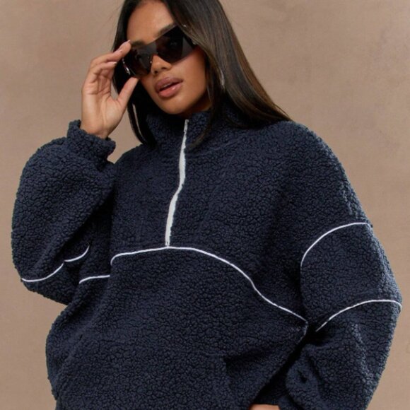 MISSGUIDED Cozy Teddy Sherpa Half Zip Pullover Sweatshirt - Picture 2 of 4
